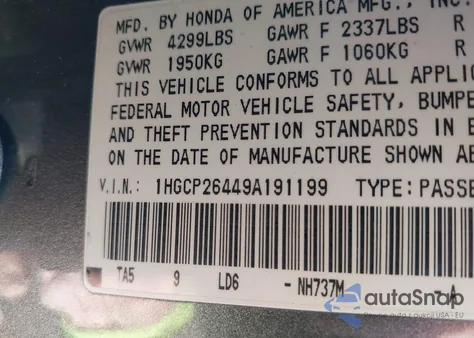 2009 Honda Accord 2.4 Lx-P from USA, damaged, VIN 1HGCP26449A191199